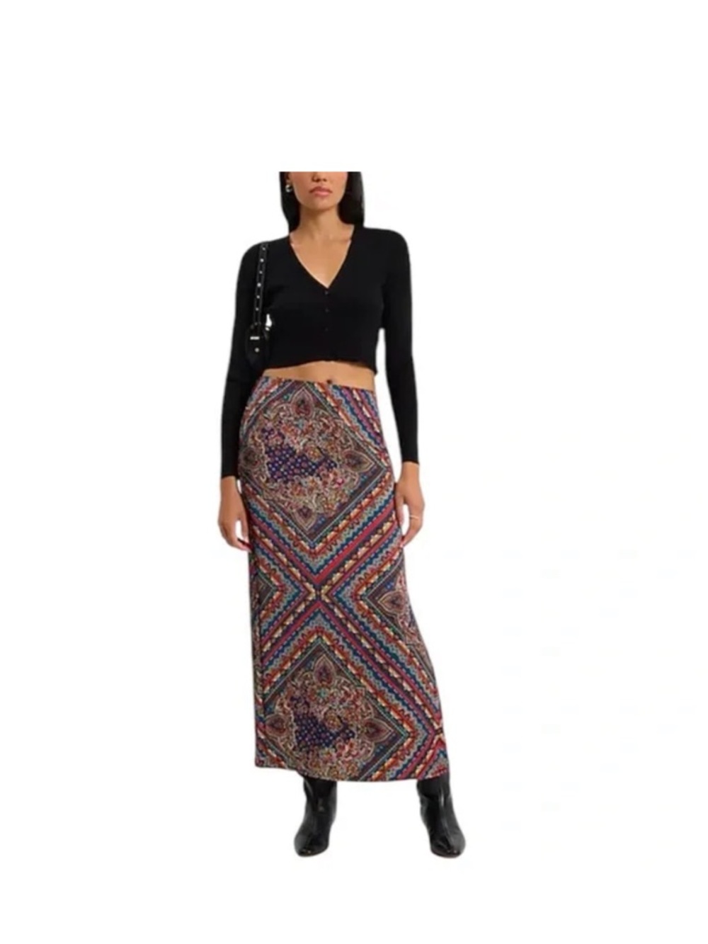 High Waisted Satin Paisley Side Slit Maxi